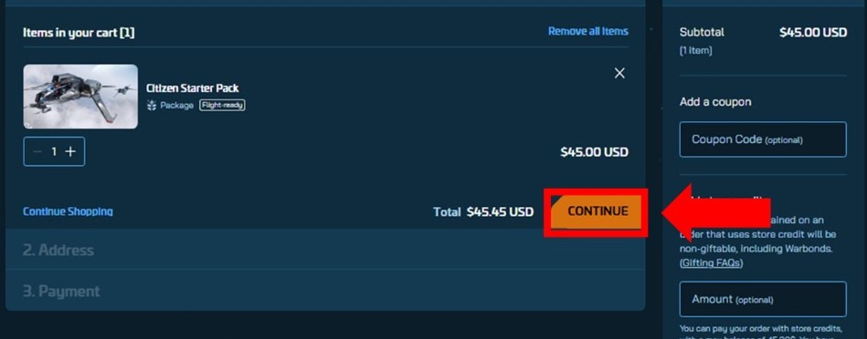 Click 'continue' to begin the checkout process